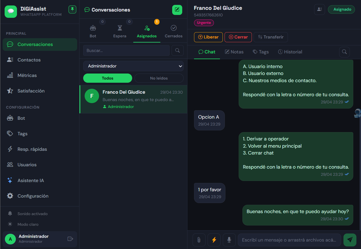 DiGiAssistChat — panel de conversaciones WhatsApp